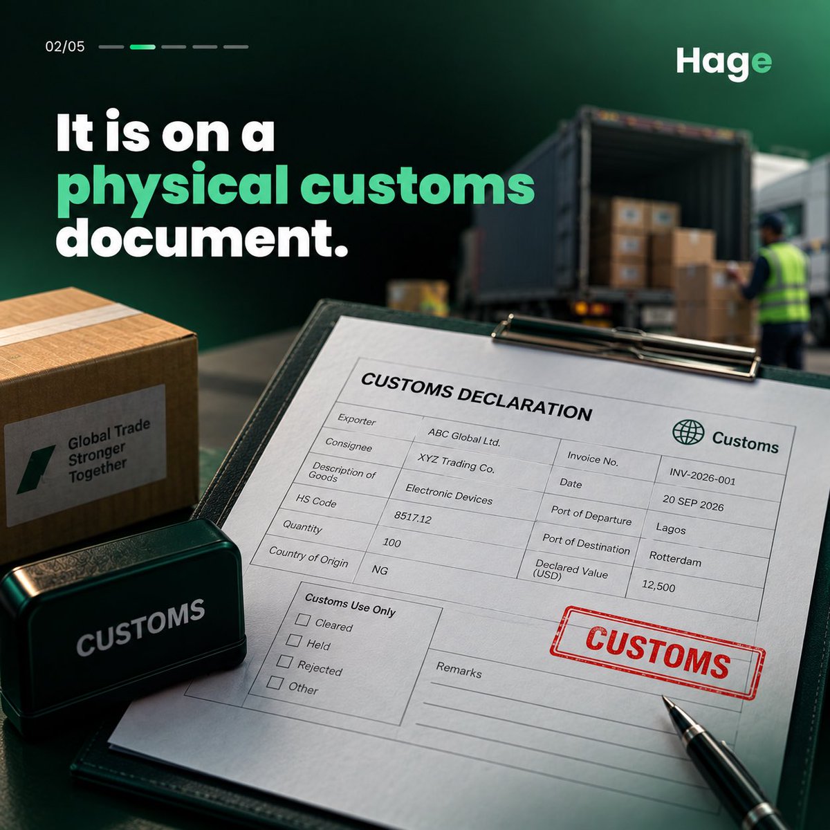 tryhagetoday's tweet photo. A piece of paper shouldn't have the power to stop a multi-ton truck.

Digitize your cross-border documentation with Hage and clear your cargo with confidence.

Visit https://t.co/lXNSC04vvL to sign up for our first free LSP onboarding today https://t.co/zuJ6fIVPTh