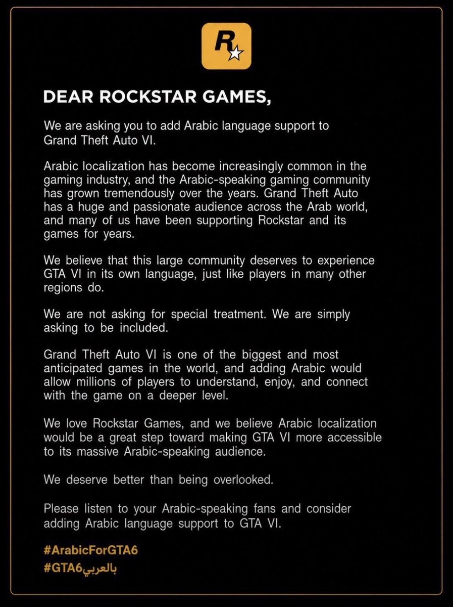 1njjtu's tweet photo. #ArabicForGTA6 نرجو ان تنظرو إلى مطالب اللاعبين العرب وتضيفو اللغة العربية https://t.co/uDqpblx0We