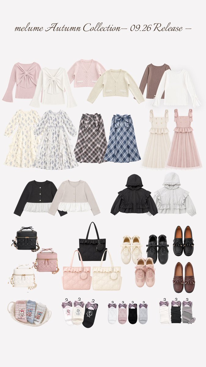 maki_melume's tweet photo. 🎀いよいよ明日…！🎀

melume×しまむら
Autumn Collection が発売🎠 𓂃𓈒𓏸 ✧˖°

今回はお洋服からバッグ、シューズ、ソックス、
そして約2年ぶりのアクセサリーまでご用意しました♡

─────────────── ✧˖°

♥店舗販売♥´-
9/26(土)〜しまむら一部店舗にて発売

※展開店舗リストはしまむら公式アカウント
プロフィールのハイライト「限定トレンドアイテム取扱い店舗」からご確認ください。

♥オンラインストア販売♥´-
9/26(土)15:00〜
しまむらパーク(オンラインストア)にて販売

※オンラインストア限定の商品、カラー・サイズもございます。
※オンラインストアはしまむら公式Instagram
のプロフィールリンク「オンラインストア」よりご確認ください。

各アイテムの詳細や販売方法は
Instagramで紹介してます🩷𓈒𓂂𓏸𓂃✈️

#PR #しまむら #melume