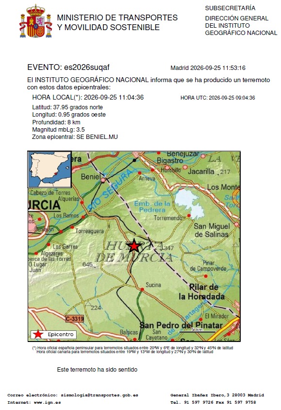 112rmurcia's tweet photo. 11:53 h. @IGN_Sismologia ha actualizado los datos del #terremotoMurcia:
Magnitud 3.5, epicentro al SE de Beniel y profundidad 8 km. https://t.co/s2BR4gSuE4
