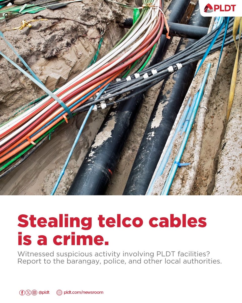 pldt's tweet photo. A group was recently apprehended in Davao City for allegedly stealing underground PLDT copper cables. PLDT reminds the public anew that stealing, tampering with, or vandalizing telecommunications facilities is a criminal offense. Read more: https://t.co/6RcAdRaS8R https://t.co/iRbqUjybZK