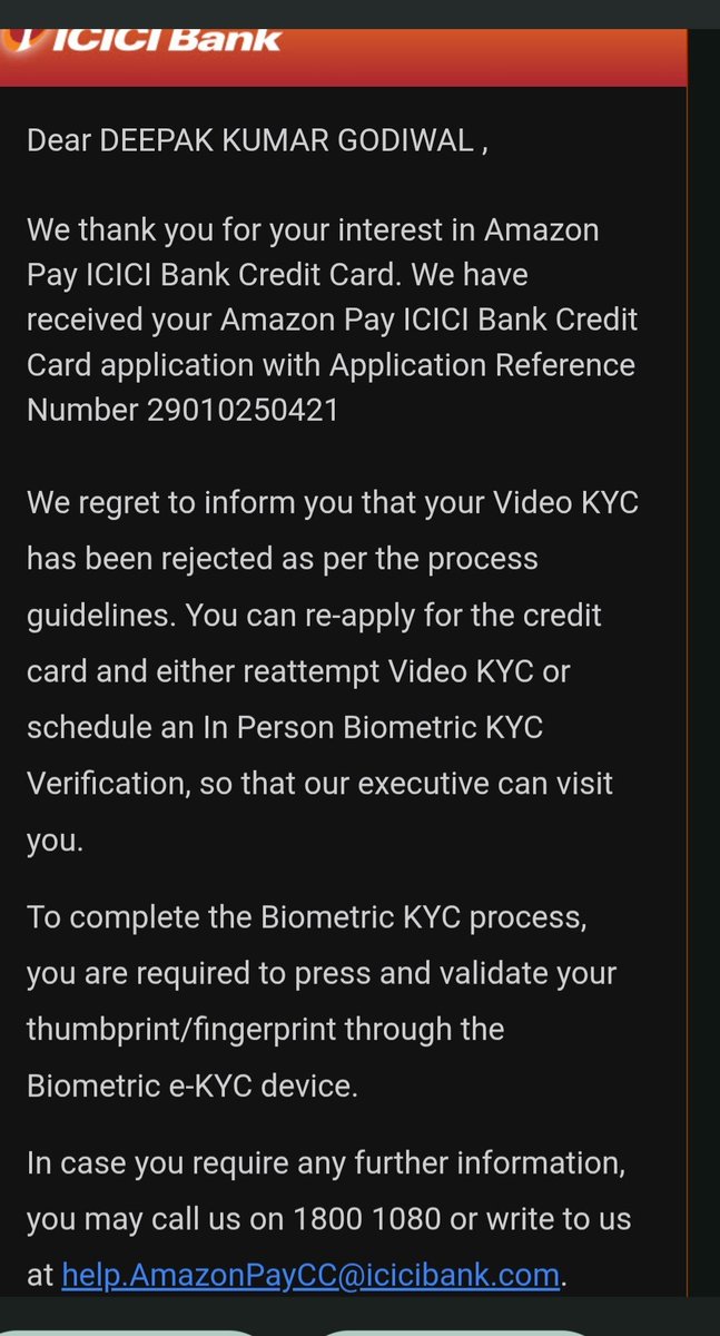 deepak_godiwal's tweet photo. @ICICIBank मेरा ICICI Credit Card आवेदन/Request हाल ही में reject हो गया है। कृपया बताएं कि मेरा आवेदन किस कारण से reject किया गया https://t.co/TLdYZQbo6x