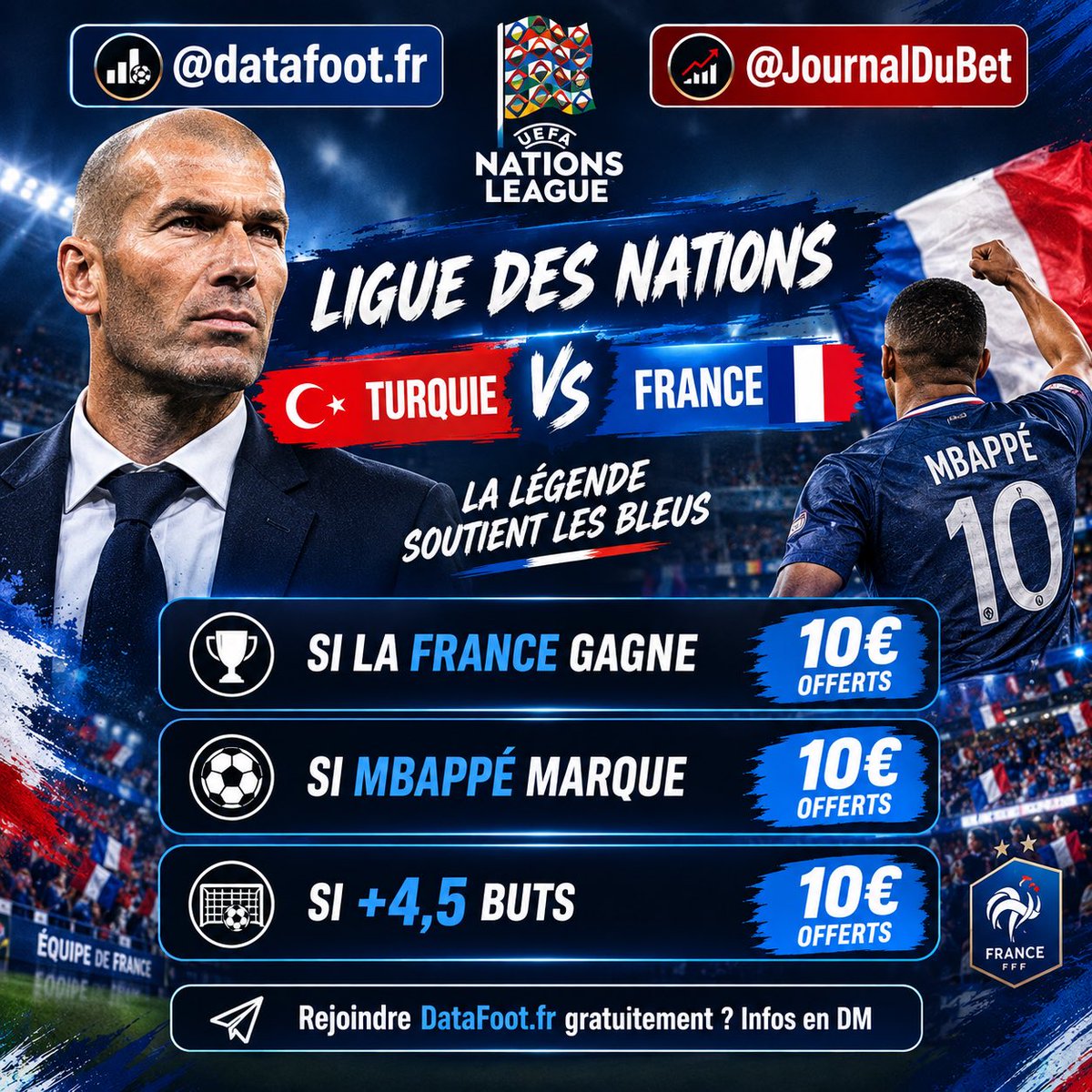 JournalDuBet's tweet photo. 🏟️ Turquie - France 

💭 Jusqu’à 30€ à gagner (3x 10€)

✅ Follow @datafootfr &amp; @JournalDuBet 

✅ RT ce tweet pour valider ta participation ! #TeamParieur https://t.co/VgfoTlRoyc