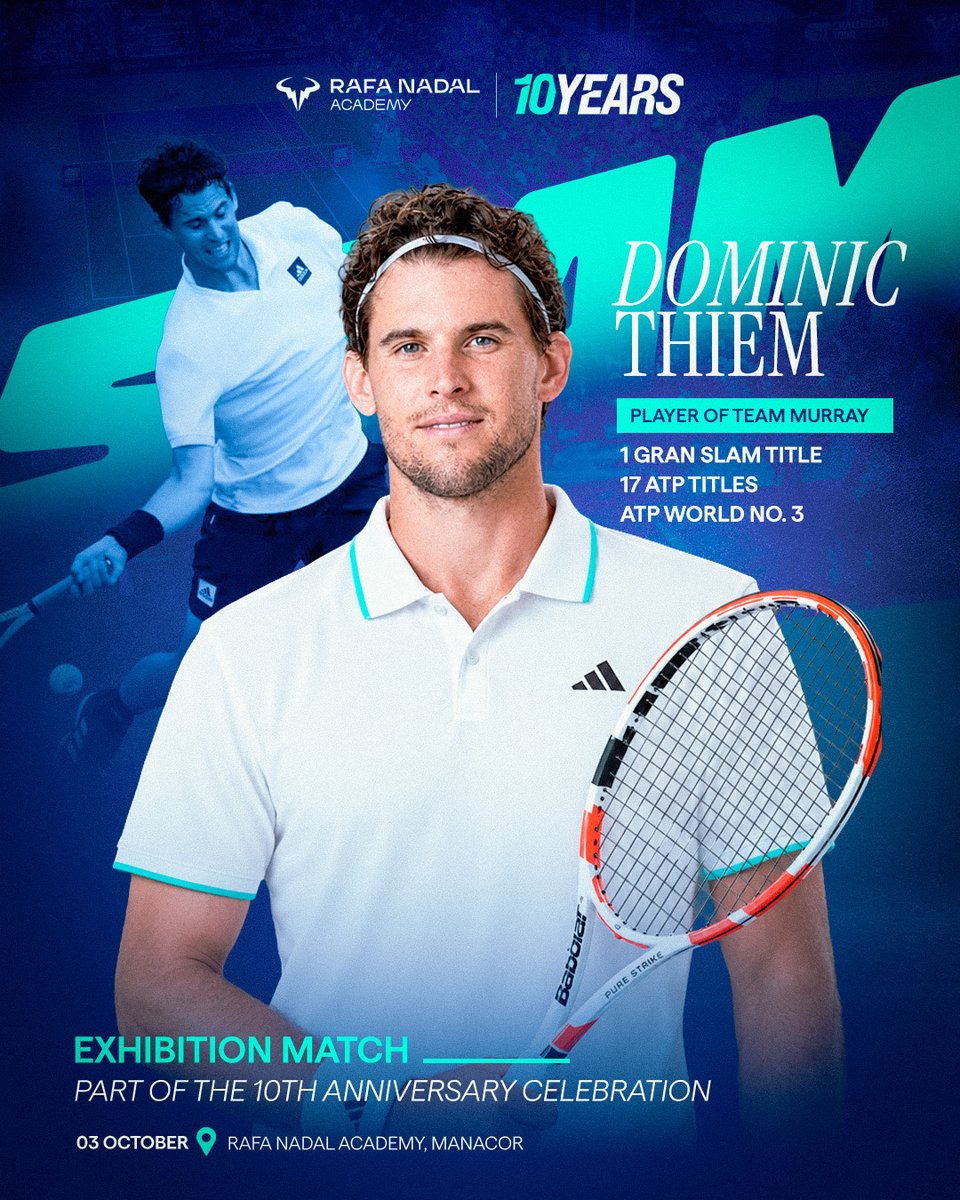 rnadalacademy's tweet photo. 🇦🇹 Willkommen, Dominic!

US Open champion, former World No. 3 and winner of 17 ATP titles, @domithiem joins Andy Murray’s team for the Rafa Nadal Academy Slam! 🙌

A very special player for a very special celebration. 😃 https://t.co/tJApA2zfyf