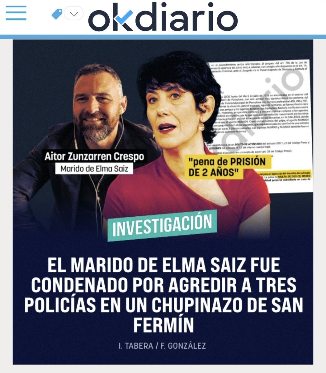 criaturina's tweet photo. LA GENTUZA

📢 QUÉ CALLADO SE LO TENÍAN 

🤯🤯 Se destapa ahora que el marido de la ministra Elma Saiz fue condenado por agredir a tres policías en un chupinazo de San Fermín de 2016.

🤯🤯 Aitor Zunzarren, policía foral fuera de servicio, aceptó una multa de 1.680 € y evitó los dos años de cárcel que le pedía la Fiscalía por resistencia a la autoridad y lesiones leves.

https://t.co/PAAtPW6lmT