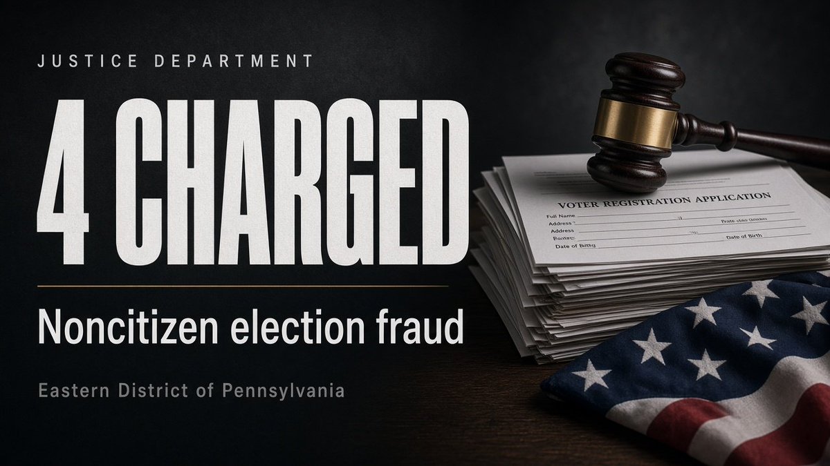 GuntherEagleman's tweet photo. 🚨 HUGE JUSTICE DEPARTMENT WIN!

U.S. Attorney David Metcalf just charged four aliens in Pennsylvania with election fraud. Two of them are illegal aliens.

Not “confusion.”
Not “access.”
Not a victimhood story.

One Haitian illegal alien allegedly filed eight fraudulent voter registrations and voted in 2022. A Mexican illegal alien allegedly voted in Chester County in both 2022 and 2024. Two green-card holders allegedly cast illegal ballots in Philadelphia too.

Metcalf said it straight. Our sovereignty belongs to the American people and nobody else. Keep stacking these cases until the wet market for stolen votes dries up.