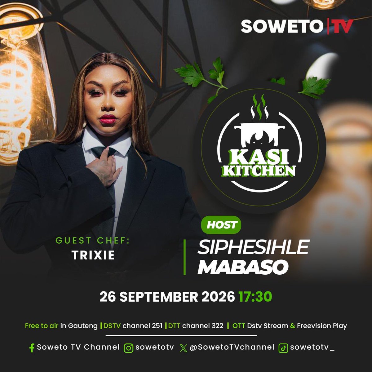SowetoTVchannel's tweet photo. π² KASI KITCHEN
Join @siphesihlemabas and guest chef Trixie tomorrow for another flavour-packed episode! π½οΈπ₯
π
26 September 2026
π 17:30
πΊFree to air in Gauteng | DStv Channel 251 | DTT Channel 322 | OTT (DStv Stream & Freevision Play)
#KasiKitchen #SowetoTV #Trixie https://t.co/pC5oC1Fk4B