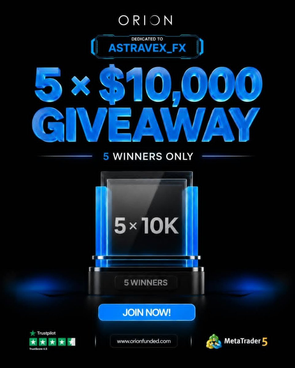 astravex_fx's tweet photo. 🚨 5 × $10K GIVEAWAY 🚨
 PROCEDURE:

 Follow:
@astravex_fx
@Orionfundedcom
@OrionAffiliates

🔹Like & Repost this Post. 
🔹Like & Repost Quoted Post.
🔹 Tag 3 Traders 
   •••••••••••••••••••

Also Follow:
@NufyFx
@_NTradex
@IsahMarket

Winners will be announced soon 🔜

Don't miss a chance for 50% off using code:  
astravex_fx50