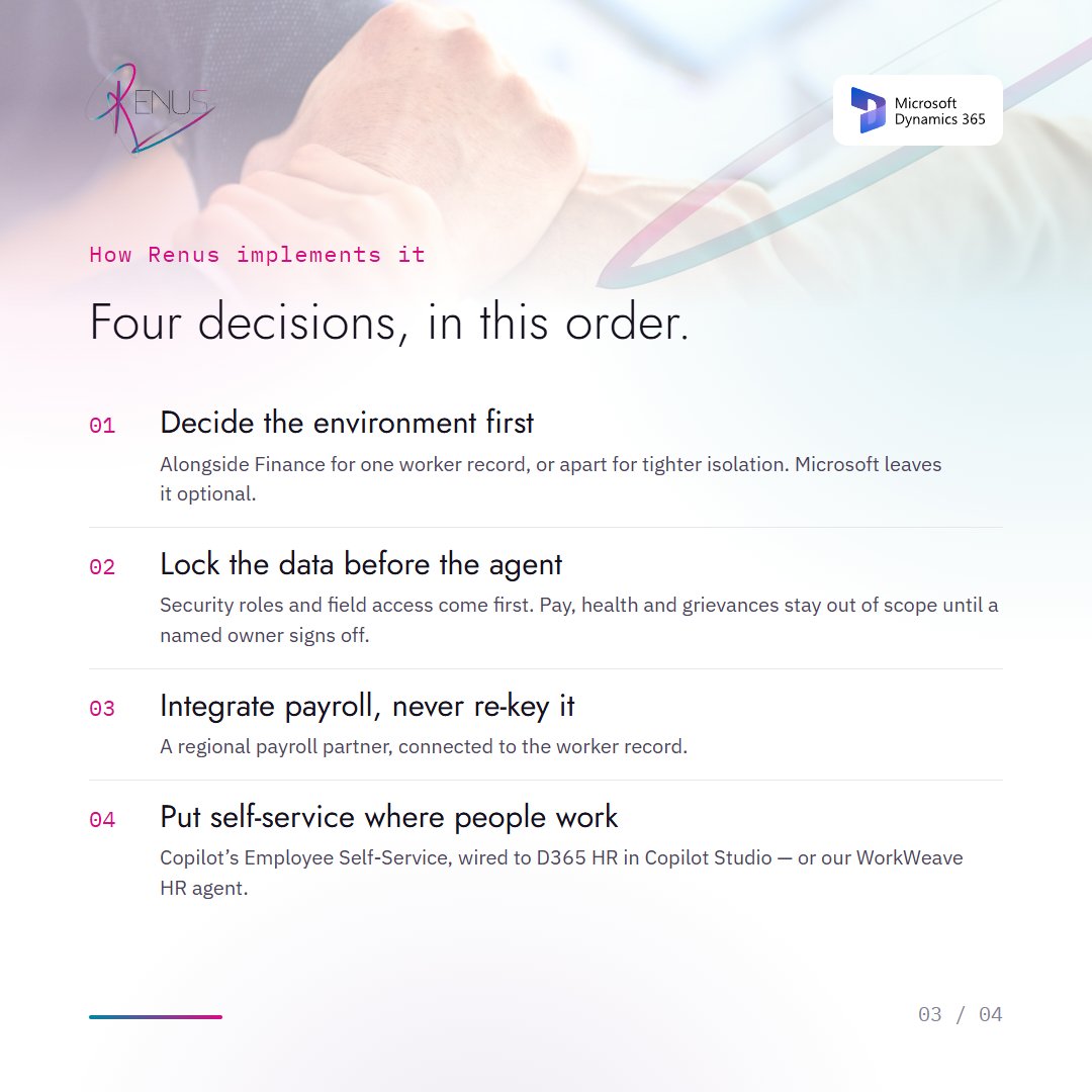 RenusTech's tweet photo. HR on Dynamics 365, in the order we build:

1. Decide the environment
2. Lock the data before the agent
3. Integrate payroll, never re-key it
4. Self-service where people work

Copilot's HR agent ships accelerators for Workday. Not D365 HR. That's our job.

#Dynamics365 #HRTech https://t.co/bksjGLPb9g