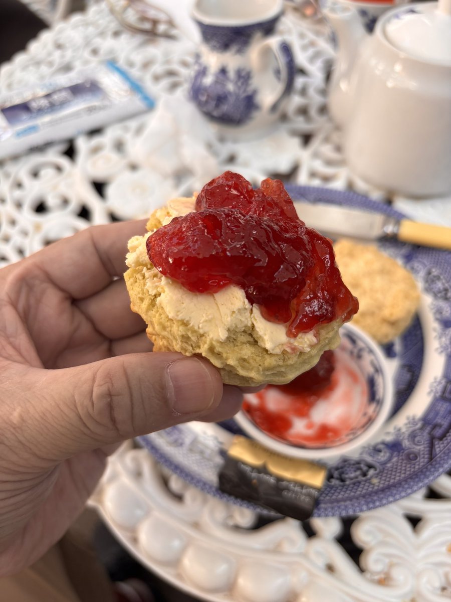 dunkeld3's tweet photo. カントリーサイドのティールームで、クリームティーって言えば、やっぱりウィローパターンのティーカップ&amp;ソーサーとプレートだよね。
もちろん、スコーンのコンプライアンスは厳守で🤣 https://t.co/sTvhbuR8ck