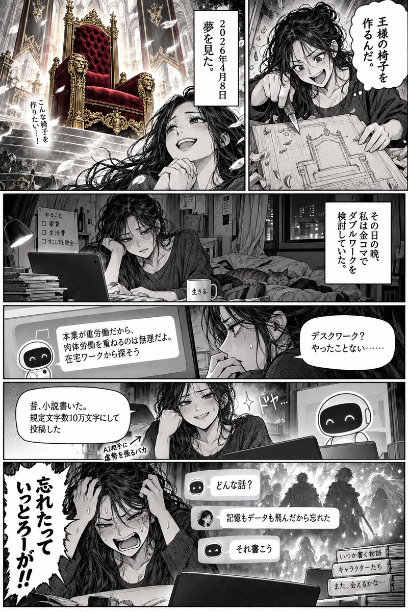 marumarulem's tweet photo. AIで絵が描けるなら、漫画も描ける。

試行錯誤中なので、ちっと読みにくいかもしれないけどご愛敬。

第一回
「王様の椅子と記憶の飛んだ本」 https://t.co/O0bu1JzDfq
