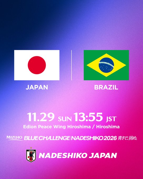 jfa_nadeshiko's tweet photo. 🔹 #なでしこジャパン 🔹
\\📺テレビ放送・配信が決定📱 //

🏆国際親善試合
🗓10.10(土) ⌚️3:00(🇯🇵)
🆚ハイチ女子代表🇭🇹
��Stade Bauer(フランス)
📱ABEMAにて無料生配信

🗓10.14(水) ⌚️0:45(🇯🇵)
🆚ドイツ女子代表🇩🇪
🏟Weserstadion(ドイツ)
📺NHK総合テレビにて生中継、NHK ONEで同時／見逃し配信
📱ABEMAにて無料生配信

🏆MIZUHO BLUE CHALLENGE NADESHIKO 2026 青さで、挑め。
🗓11.29(日)⌚️13:55(予定)
🆚ブラジル女子代表🇧🇷
🏟エディオンピースウイング広島(広島)
📺日本テレビ系全国ネット生中継
📱TVer

🗓12.5(土)⌚️15:00(予定)
🆚ブラジル女子代表🇧🇷
🏟JFE晴れの国スタジアム(岡山)
📱ABEMAにて無料生配信

🔗https://t.co/34VIhIXkiL

#サッカー日本代表