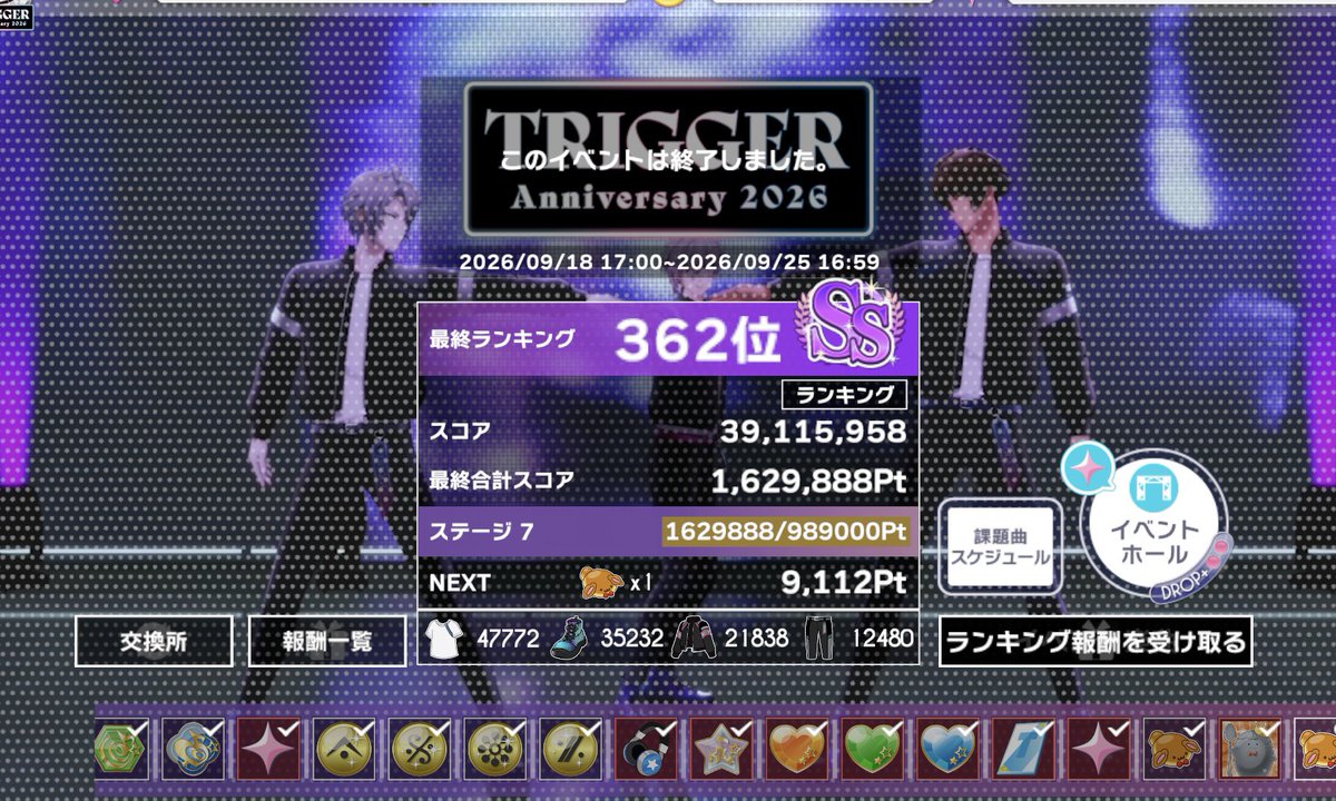 DA_omu78's tweet photo. TRIGGER記念日2026お疲れ様でした~！⚔️

今年は叩く時間がかなり少なくなってしまい伸び悩んだ記念日だった…もうちょっと頑張れただろうな~と若干の後悔が残る記念日でした🥹来年はもっと気合いを入れて挑むぞ✊❤️‍🔥
皆様お疲れ様でした！！⸝⋆ https://t.co/RZQupWed1x