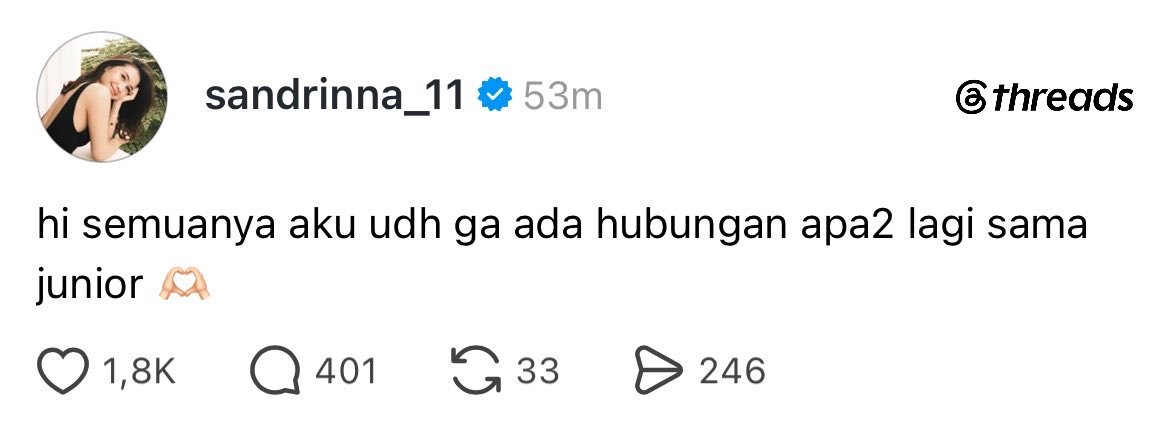 awmoire's tweet photo. liat di tiktok kirain boongan / akun fake, gataunya pas cek di threads beneran akun sandrinna yang post.

denger kabar mereka putus kaget tapi lega sih, she’s a minor (counting from when she first started dating w/ junior). udah itu aja alesannya 🤗 https://t.co/iPjz57upUp