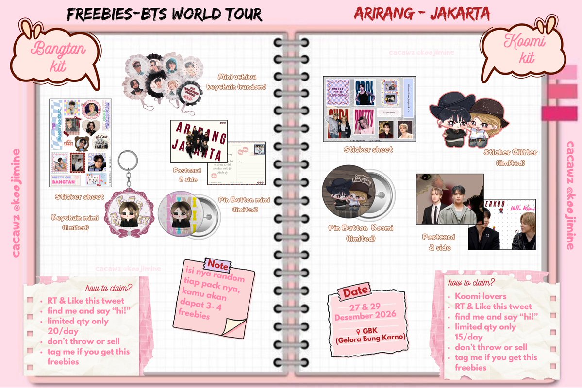 koojimine's tweet photo. 𐙚 BTS ARIRANG TOUR in JAKARTA 𐙚
——— Freebies by @koojimine >ᴗ<

📆 27 &amp; 29 Dec 26
📍 GBK 

💌 How to claim?!
𑣲⋆ Like and retweet this post
𑣲⋆ Kindly tag me if you get this 
𑣲⋆ Please dont throw / sell 
𑣲⋆ Just say "Hi"

see you love💘 https://t.co/Ch2kTUalnM