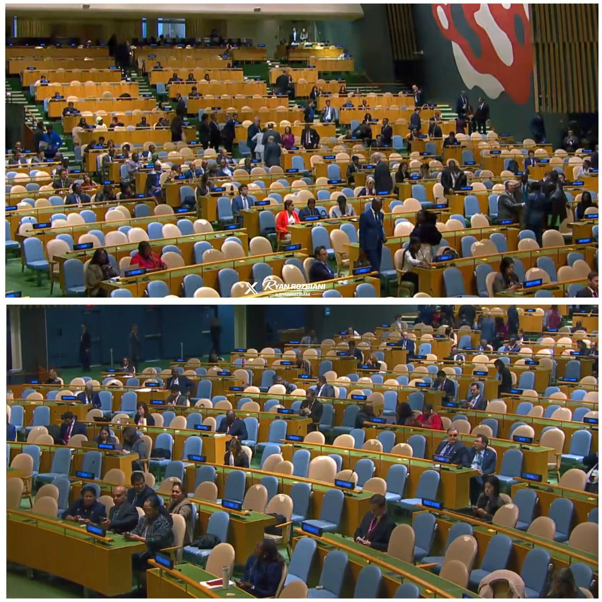 rulajebreal's tweet photo. Il latitante per crimini di guerra e crimini contro l’umanità, Netanyahu si è presentato alle Nazioni Unite con i suoi ospiti d’onore.
A sedere nella tribuna riservata alla delegazione israeliana c’erano:
•Sid Rosenberg, conduttore di WABC, che ha definito il sindaco di New York Mamdani uno “scarafaggio dell’Islam radicale”,
• Alan Dershowitz, ex avvocato di Jeffrey Epstein.
Poi, dal podio dell’ONU, Netanyahu ha alzato un cercapersone e ha chiesto: «Vi ricordate i cercapersone?».
Si stava vantando, davanti al mondo, dell’attacco terrorista commesso da Israele nel 2024 in Libano. Migliaia di cercapersone e walkie-talkie trasformati in trappole esplosive sono scoppiati in case, negozi e strade. Hanno ucciso decine di persone, tra cui bambini, e ne hanno ferite e mutilate migliaia.
Quello di Netanyahu Non era un discorso. Era una minaccia esplicita , pronunciato dalla tribuna che dovrebbe esistere per la pace.