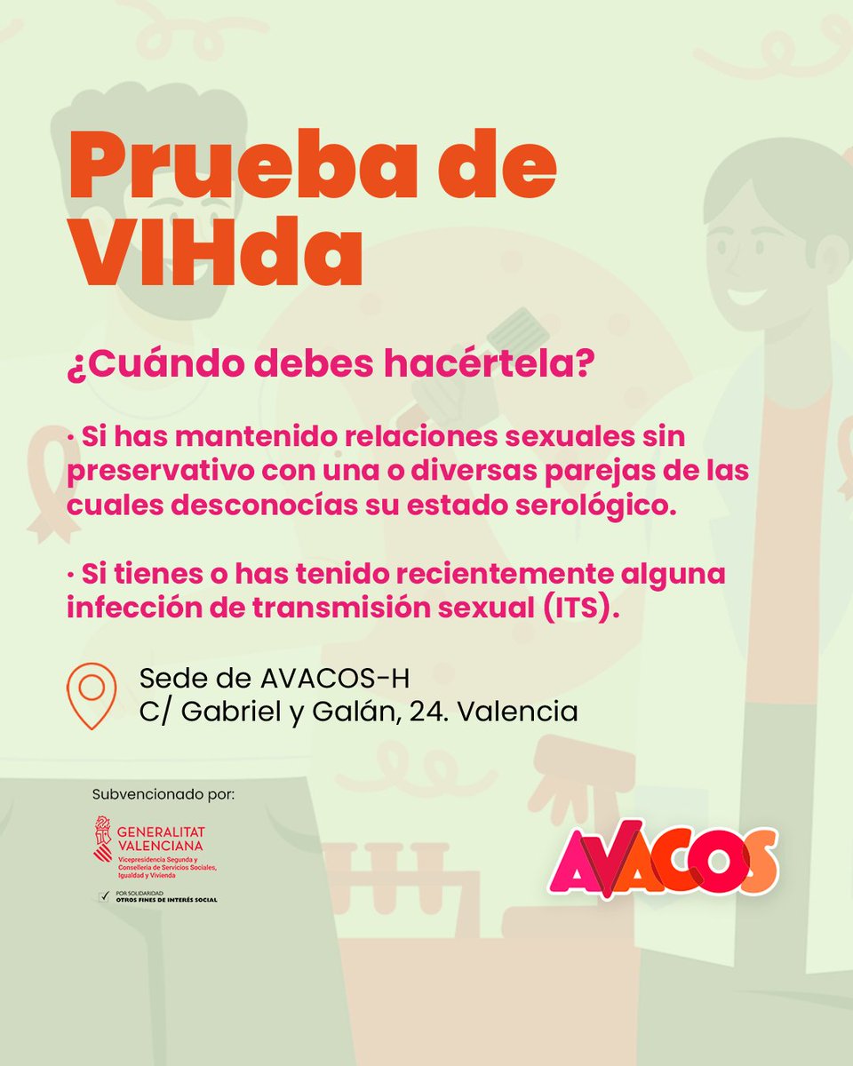 AvacosH's tweet photo. ¡Tu prueba de VIHda en @AvacosH! 🟣🔴🟠

🕝 Horario para solicitar cita previa:
Lunes a viernes, de 10.00 a 15:00.

📲 963 34 20 27
📩 avacos-h@avacos-h.org
📍C/ Gabriel y Galán, 24. Valencia

#avascosh #avacos #sexualidad #VIH #sida #pruebadeVIHda @calcsicova #calcsicova https://t.co/I0FQ1prAjP