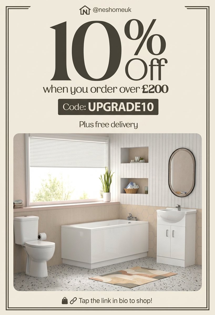 NesHomeUK's tweet photo. Transform your bathroom for less! 🛁
✨Get 10% OFF orders over £200 + FREE delivery.   
Use code: UPGRADE10 at checkout.   
Shop now ⬇️https://t.co/gdVM7UNoCk

#HomeUpgrade #BathroomDesign #NesHomeUK https://t.co/tvyS1YNDe6