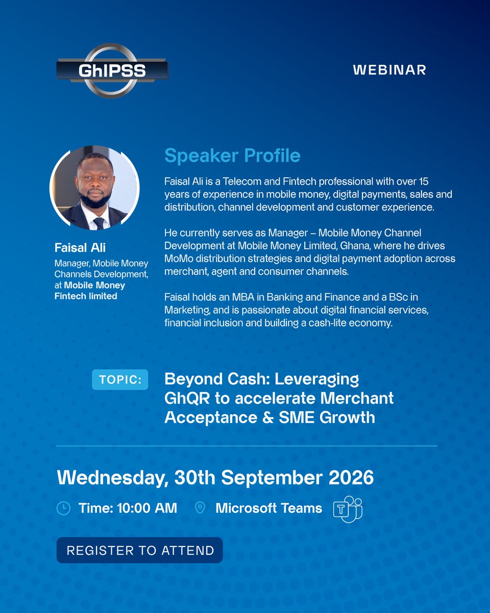 ghipss_official's tweet photo. Meet Faisal Ali of Mobile Money Fintech.

Launched earlier this year in partnership with GhIPSS, Ride with MoMo leverages GhQR to enable digital fare payments for drivers.

Join us on 30 Sept to hear his insights from the experience.

Register: https://t.co/TA4lmElhuM https://t.co/05VdUHD60Y