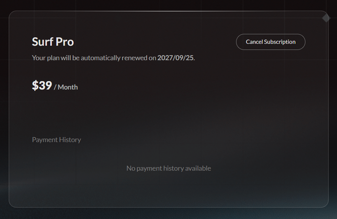 A dark-themed subscription management screen displaying 'Surf Pro' plan for $39/Month, set to auto-renew on 2027/09/25, with a 'Cancel Subscription' button.