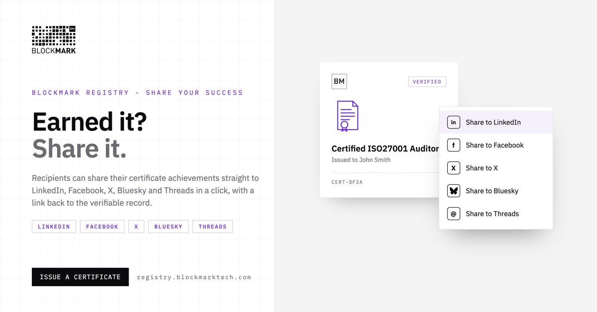 BlockMarkTech's tweet photo. Recipients of your #certificates can easily showcase their achievements on social media which also spreads the word about your schemes, courses, etc. https://t.co/JVg3w1IOo5