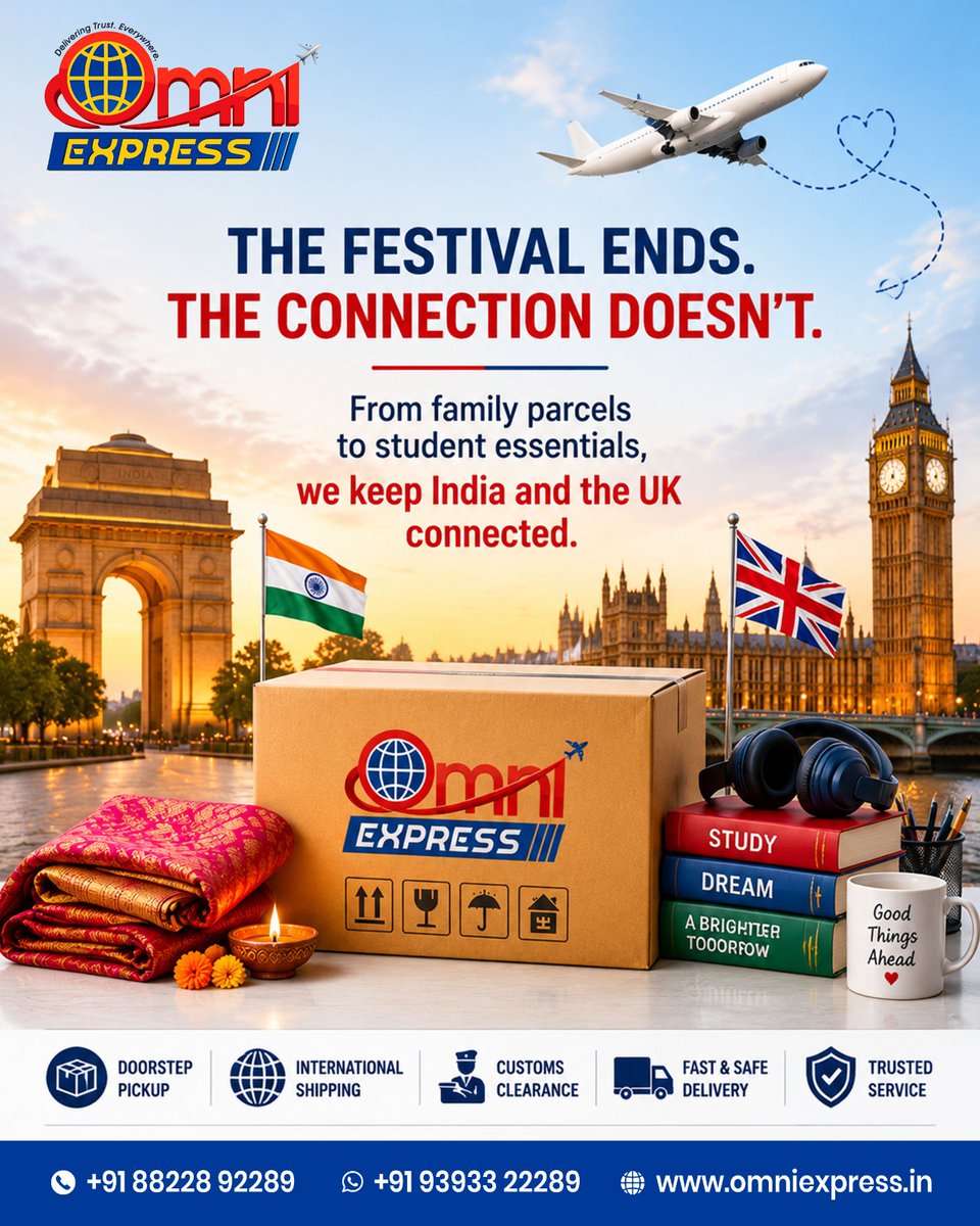 OmniExpressIND's tweet photo. From family parcels to student essentials, keeping India and the UK connected with every delivery

#OmniExpress #InternationalShipping #IndiaToUK #UKToIndia #CourierServices #InternationalCourier #ParcelDelivery #DoorstepPickup https://t.co/Pr5x7kf7QI