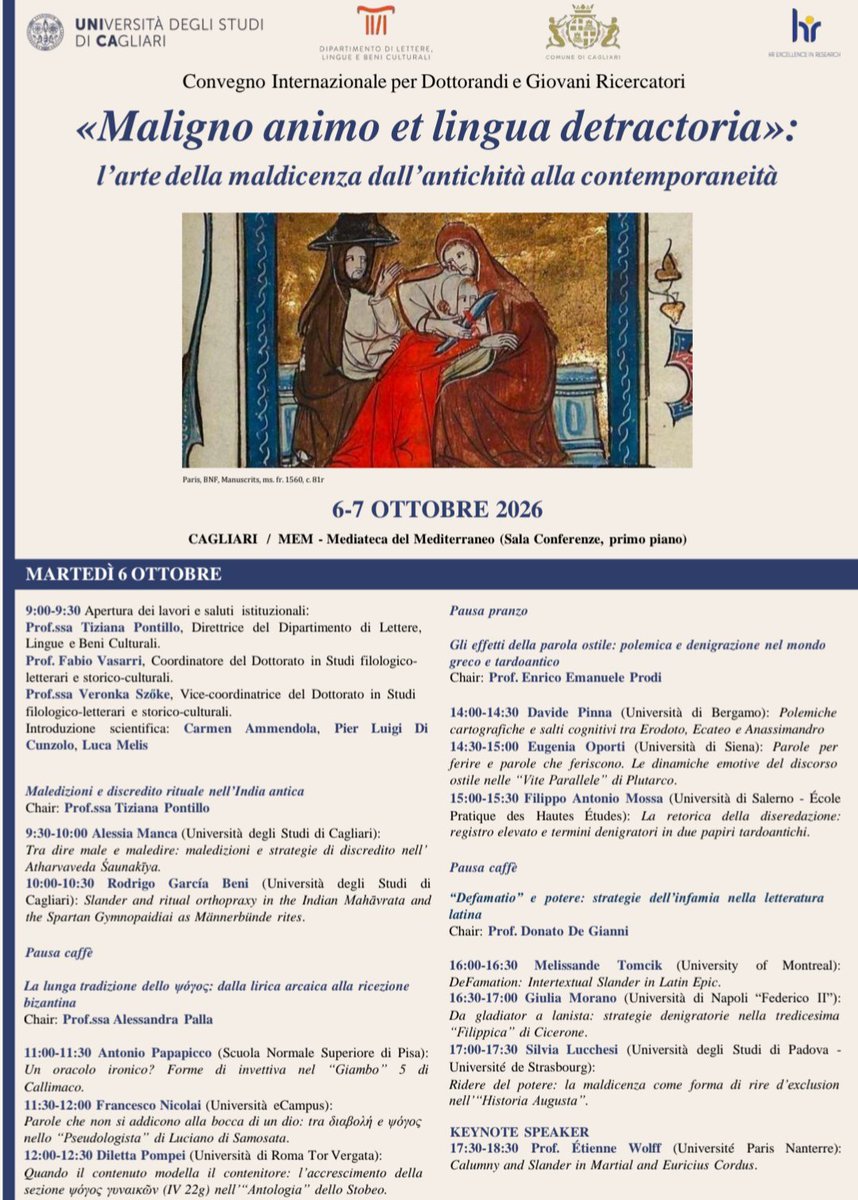 DavidePinna11's tweet photo. Il 6-7 Ottobre 2026 si terrà presso l'Università di Cagliari il Convegno "Maligno animo et lingua detractoria: l'arte della maldicenza dall'antichità alla contemporaneità" e sono felicissimo di prendervi parte come relatore!

Sono certo sarà una bella esperienza https://t.co/tX0Y8KnkSv