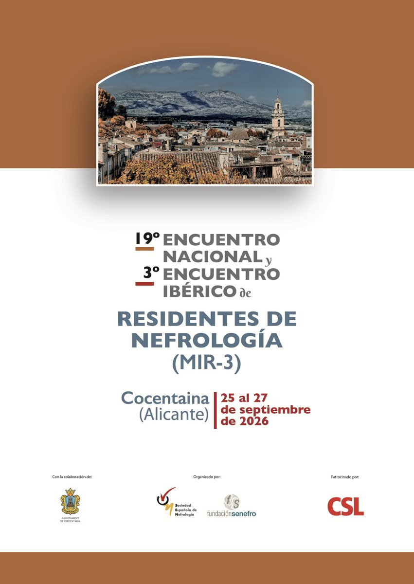 SENefrologia's tweet photo. 🔥En unas horas empieza la ed. 19 del #EncuentroMirNefro26 en @ACocentaina, este año con la presencia de + de 100 Residentes de distintos centros españoles y portugueses @SPNefro 
📎 Sigue el programa en https://t.co/MwpxlvS8mZ y comparte tu caso clínico con el hashtag #EncuentroMirNefro26 @CSL_spain ¡Os leemos!