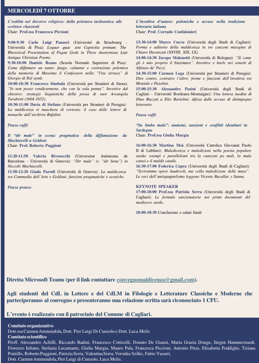 DavidePinna11's tweet photo. Il 6-7 Ottobre 2026 si terrà presso l'Università di Cagliari il Convegno "Maligno animo et lingua detractoria: l'arte della maldicenza dall'antichità alla contemporaneità" e sono felicissimo di prendervi parte come relatore!

Sono certo sarà una bella esperienza https://t.co/tX0Y8KnkSv