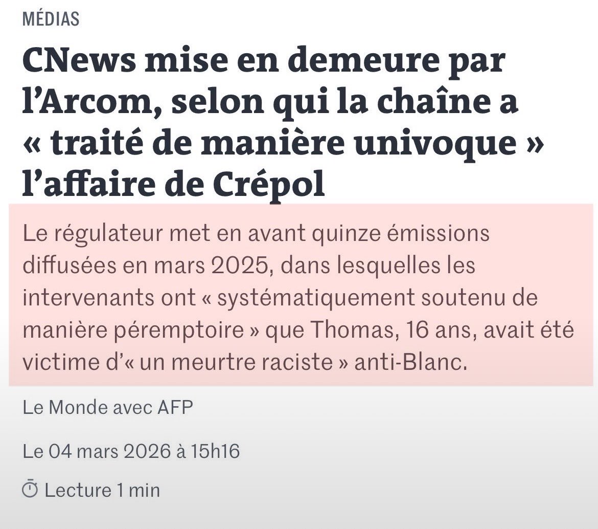 DestinationTele's tweet photo. 💥LE SCANDALE ARCOM 

Mars 2026 : L’ARCOM met en demeure CNEWS pour avoir trop privilégié la thèse du "racisme anti-Blanc" dans le meurtre de Thomas à Crepol

Septembre 2026 : Les accusés seront bien jugés pour racisme contre "la race blanche et la nation française" https://t.co/gRrgQ7EkAN
