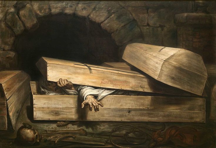 relicmuseum's tweet photo. The inscription on the coffin reads:
Mort de Faim, 
Death by Hunger.
But that's a lie.
The hunger here is for air.

Wiertz painted this in 1854,
the year the fear of being buried alive
swept through Europe like a fever.

La inhumación precipitada Antoine wiertz. https://t.co/wayVmrRQiE