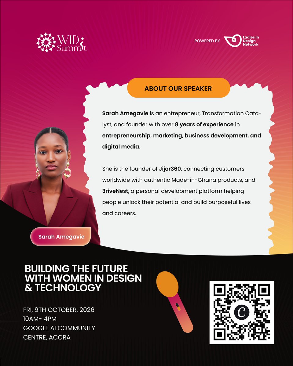 Lidn__'s tweet photo. Meet Sarah Amegavie | #WIDS2026
π Friday, 9th October 2026
β° 10AM β 4PM
π Google AI Community Centre, Accra
#WIDS2026 #WomenInDesignSummit #LadiesInDesignNetwork #WomenInDesign https://t.co/KjIAVj6Gpf