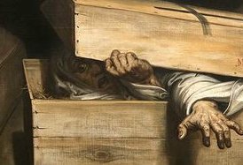 relicmuseum's tweet photo. The inscription on the coffin reads:
Mort de Faim, 
Death by Hunger.
But that's a lie.
The hunger here is for air.

Wiertz painted this in 1854,
the year the fear of being buried alive
swept through Europe like a fever.

La inhumación precipitada Antoine wiertz. https://t.co/wayVmrRQiE