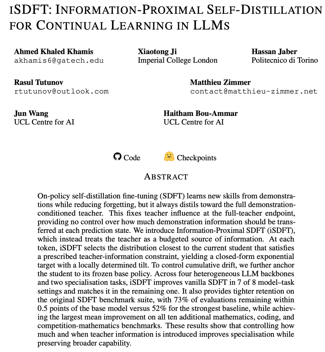 hbouammar's tweet photo. Continual learning is a dear problem to me that i worked on as early as 2013.  ❤️ 

In our new work, we provide a nice formalisation of the stability vs plasticity trade-off in terms of solutions path in the probability space between student and teacher distribution. 

This work is led by the amazing Ahmed K Khamis @KickItLikeShika  a must-follow researcher! 

Check it out  👇  ❤️

Paper, Code and Checkpoints can be found here: https://t.co/t7kjw4fr2N 

#AI