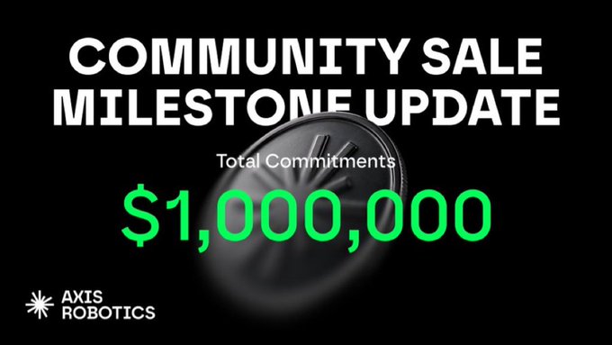 A 'COMMUNITY SALE MILESTONE UPDATE' graphic from AXIS ROBOTICS celebrates $1,000,000 in total commitments.