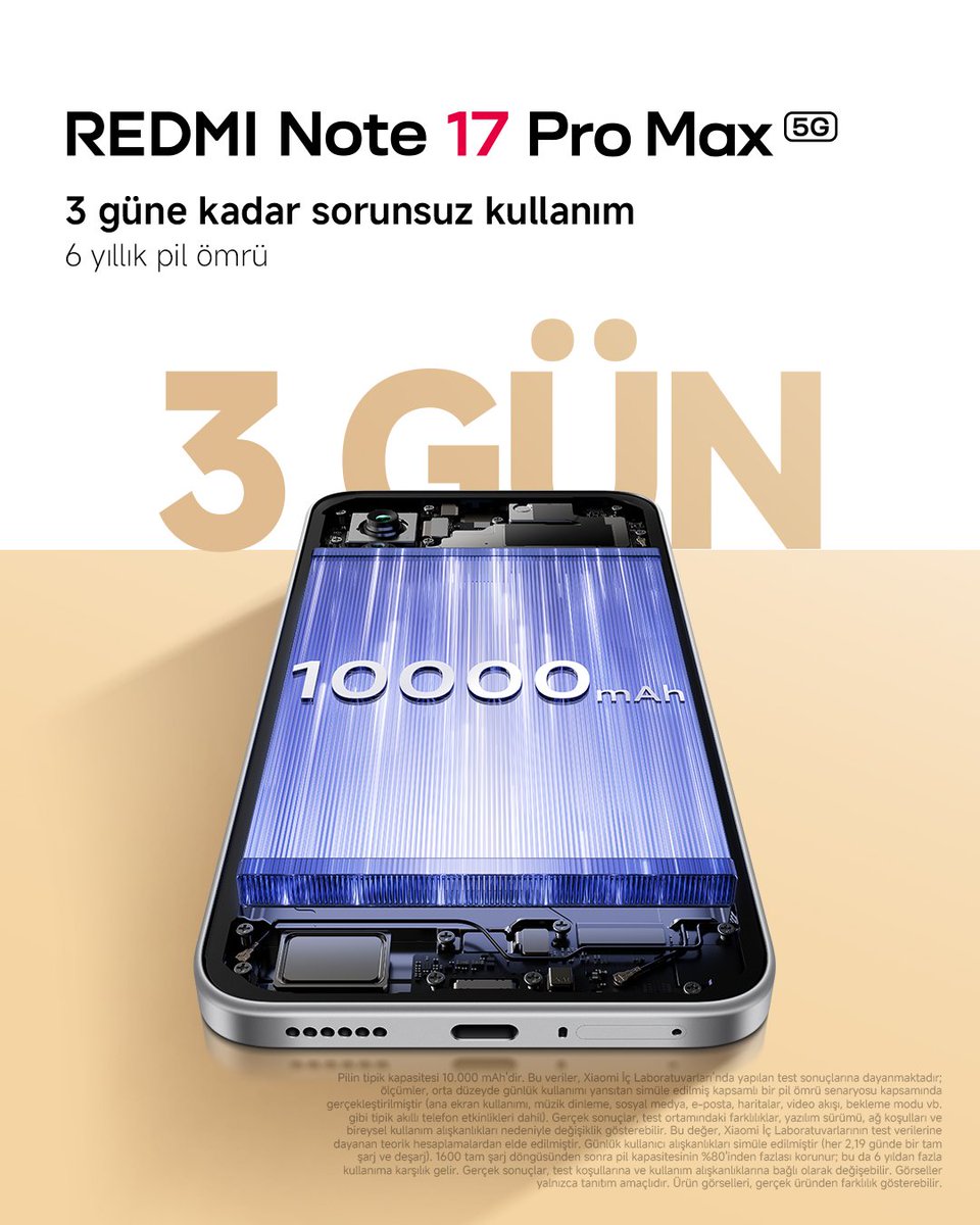 XiaomiTurkiye's tweet photo. Günlerce güç. Yıllarca pil sağlığı. 🔋
3 güne kadar kullanım ve 6 yıla kadar pil sağlığıyla #REDMINote17ProMax5G , bugün de yıllar sonra da temposunu korumak için tasarlandı.
#REDMINote17Serisi #MaxGibiMax #TitanGücüyleMaksimuma https://t.co/tqipJXHzyi