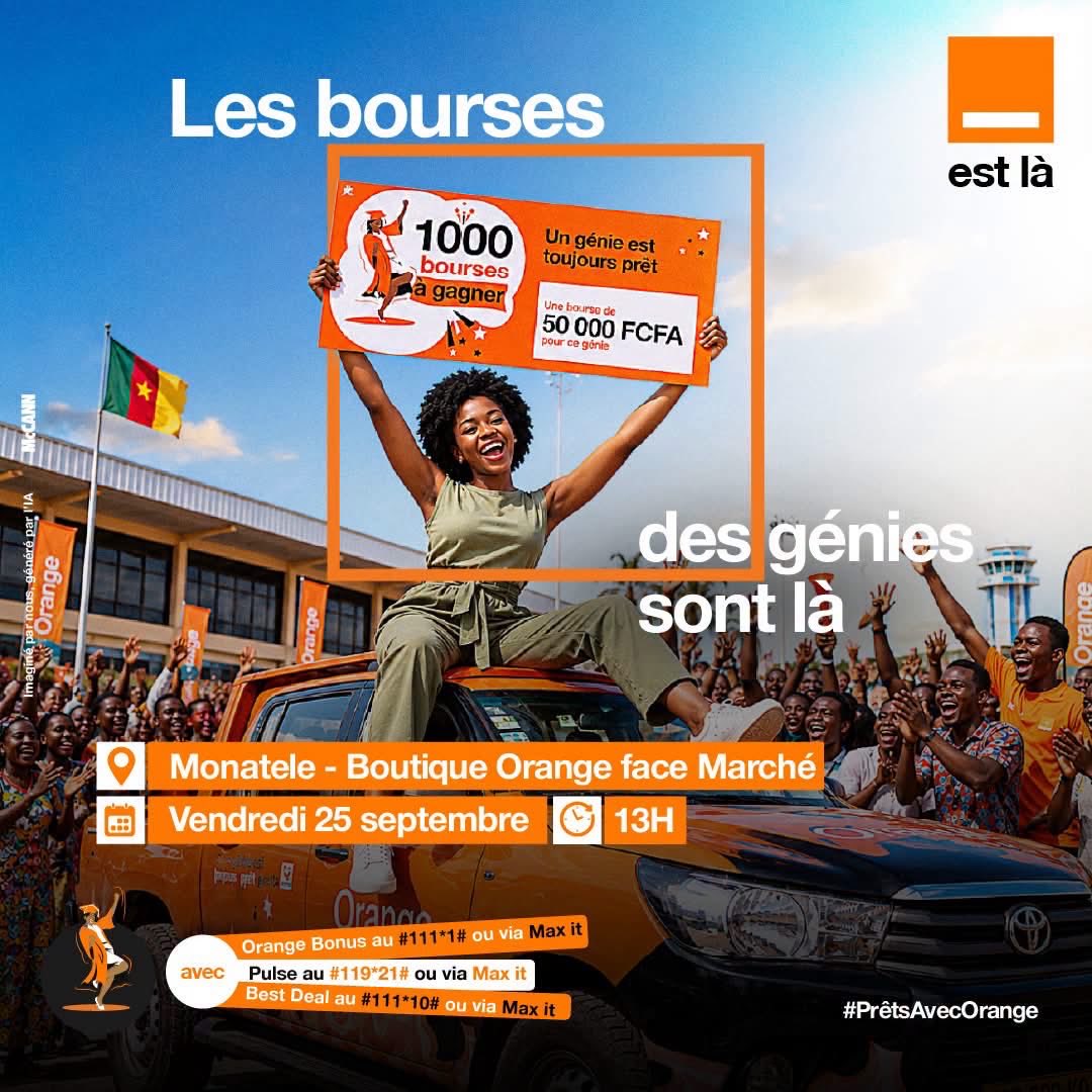 Orange_Cameroun's tweet photo. Monatélé, on arrive ! 🚚

📍 Vendredi 25 sept. à 13H à la Boutique Orange face au Marché pour la remise des bourses ! 🥳

Et si le prochain nom était le tien ? 

Active ton forfait :
🔸 Bonus : #111*1#
🔸 Pulse : #119*21#
🔸 Best Deal : #111*10#

#OrangeEstLà #PrêtsAvecLesGénies https://t.co/N7lAfUesZX