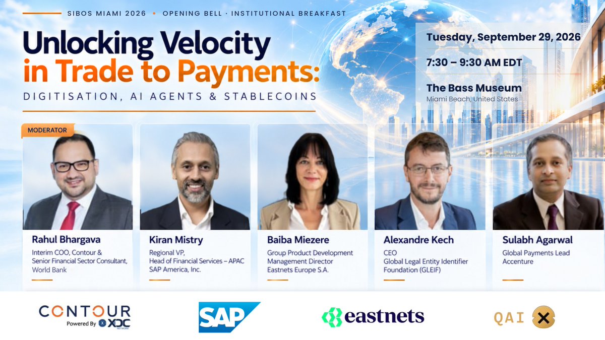 contourtrade's tweet photo. Trade finance is moving faster. So are the conversations around how institutions digitise it, identify participants, and make payments.
Join Contour during @Sibos Miami 2026 for Unlocking Velocity in Trade to Payments: Digitisation, AI Agents & Stablecoins, an opening bell institutional breakfast.
๐
Tuesday, 29 September 2026
๐ข 7:30โ9:30 AM EDT
๐ The Bass Museum, Miami Beach
Rahul Bhargava, Interim COO of Contour and Senior Financial Sector Consultant at the World Bank, will moderate a discussion with:
โข Kiran Mistry โ Regional VP, Head of Financial Services, APAC, SAP America, Inc.
โข Baiba Miezere โ Group Product Development Management Director, Eastnets Europe S.A.
โข Alexandre Kech โ CEO, Global Legal Entity Identifier Foundation (GLEIF)
โข Sulabh Agarwal โ Global Payments Lead, Accenture
Presented by Contour, powered by XDC Network. Thank you to the Sponsors @Eastnets , @SAP and @QAIXAlliance for supporting the event.
This is a private, invitation-only gathering, and registration is subject to approval. Request your place: https://t.co/TxVJbtKIXY