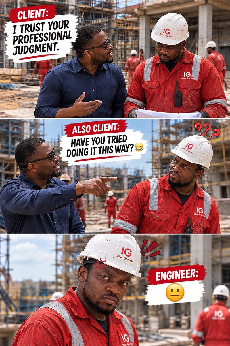 isaacgracian_'s tweet photo. When your client says, “I trust your professional judgment." then proceeds to give you a full engineering tutorial. 😭

We love our clients but sometimes  let the engineer engineer! 👷😂

#IsaacGracian #EngineeringExcellence #InfrastructureDevelopment #Construction #Engineering https://t.co/8h3l5sSH6p