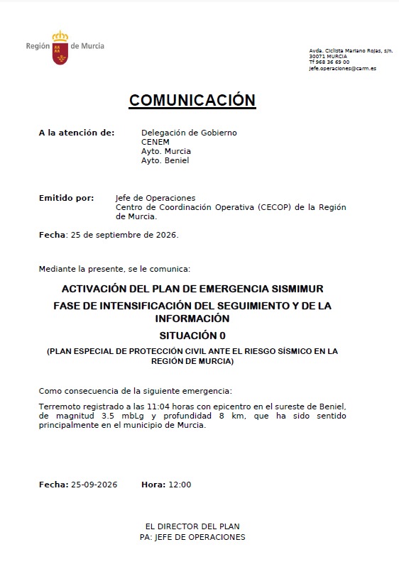 112rmurcia's tweet photo. #TerremotoMurcia
Activado el Plan de #ProtecciónCivil ante el Riesgo Sísmico en la Región de Murcia (#PlanSismimur) en su fase 0 (de intensificación del seguimiento e información, para el caso de movimientos sísmicos sin víctimas ni daños relevantes).

El @IGN_Sismologia ha actualizado datos y sitúa el epicentro al SE de Beniel. Magnitud 3.5 y profundidad 8 km.