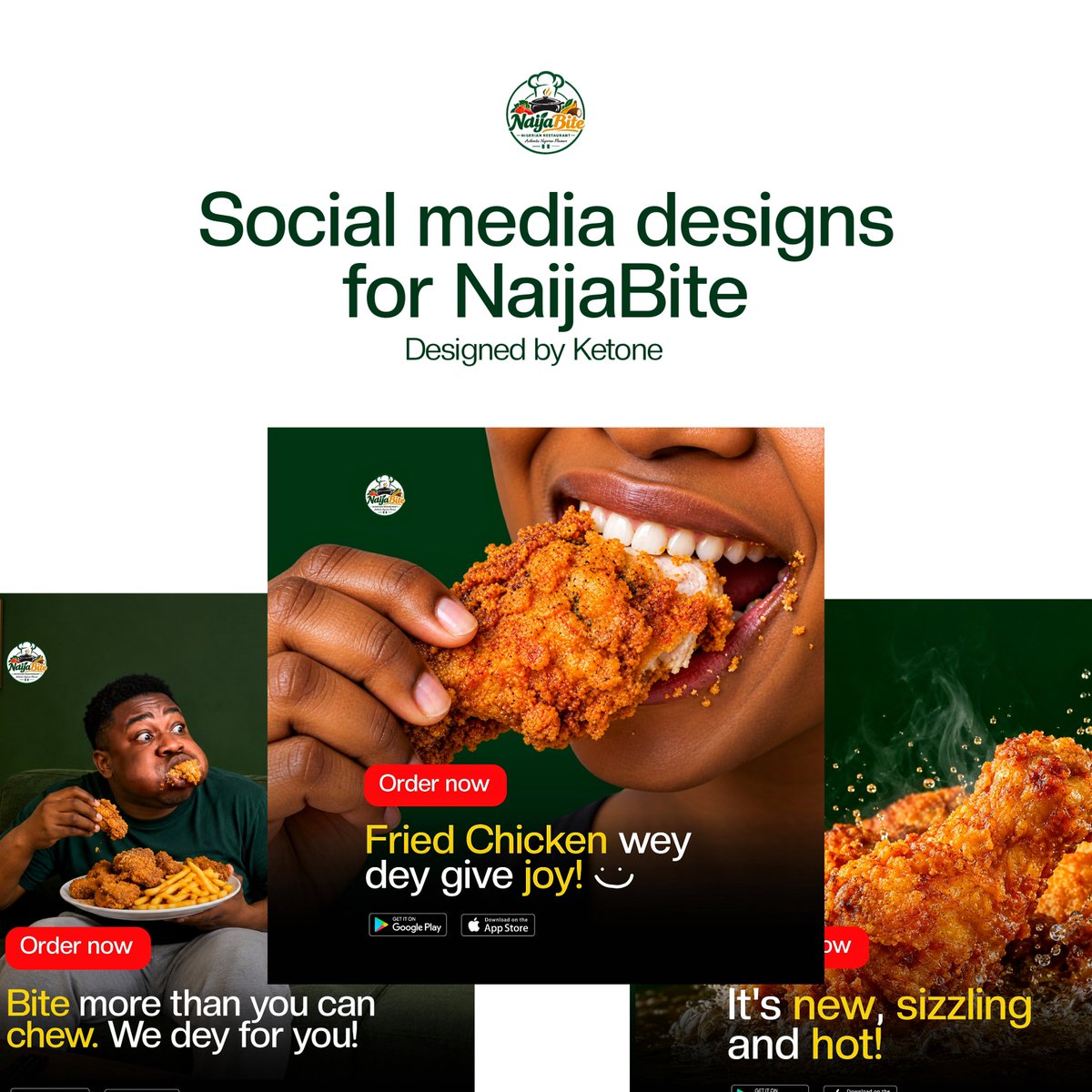 tokiloba's tweet photo. Day 16 of designing everyday 💪 

Today's challenge was to create social media designs for a food brand in Nigeria, NaijaBite. They specialize in making crispy, yummy and spicy fried chicken and fries.

 #graphicdesign #graphicdesigner #socialmediadesigns #socialmediaads #ketone https://t.co/nO7GjdMUub