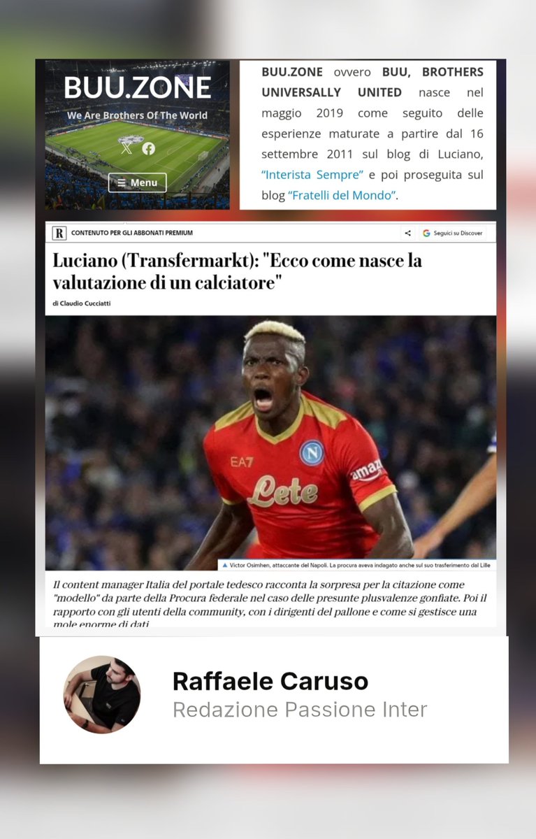 QuotidianoBN's tweet photo. ⚫🔵 Il Luciano senza cognome di #Transfermarkt

🖋 Benissimo.

📸 @repubblica scrisse un articolo in cui si mise in risalto il grande lavoro di #Luciano in #transfermarkt

🚨 La Procura Federale, nell’ambito della causa #Plusvalenze che distrusse la #Juventus, prese come punto di riferimento le valutazioni di Transfermarkt.

⚫️🔵 Ma chi è Luciano #Aniello?
Oltre a ricoprire un ruolo prezioso e fondamentale in Transfermarkt, è anche un interista sfegatato.

⚫️🔵 Noto utente del forum #PassioneInter, è anche — come si legge nel sito #BUUZone — proprietario del blog “#InteristaSempre”.

❓️Sempre sempre? 
❓️Anche quando stila i valori dei calciatori dell’Inter?

⚫️🔵 Insomma, abbiamo chi fa i calendari e chi dirige l’ufficio legislativo della #Figc che esulta a bordo campo abbracciando l’allenatore nerazzurro dopo una vittoria.

▪️Nota a margine: ricordiamoci che anche #RaffaeleCaruso, altro noto super interista, ha lavorato in #PassioneInter, firmando spesso numerosi articoli.