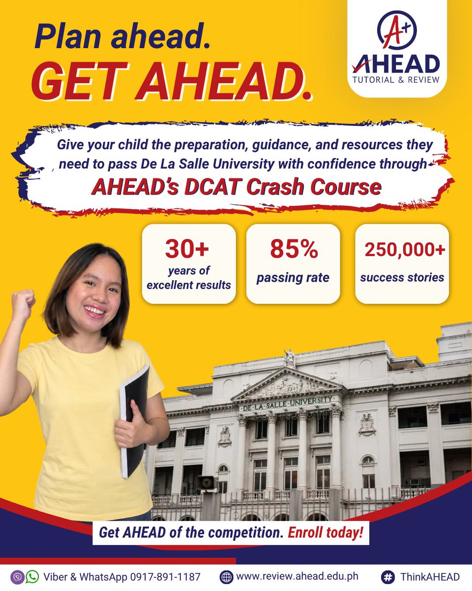 ahead_review's tweet photo. It’s not too late to get ready for De La Salle University!
AHEAD has helped 250,000 students on their journey to their dream universities, with an 85% passing rate.
Review with AHEAD today!
Visit us at https://t.co/0O9LTH1HDq
#AHEAD #AHEADTutorialandReview #ThinkAHEAD https://t.co/1lu5qkv2WO