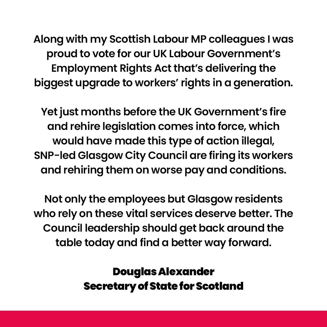 D_G_Alexander's tweet photo. “Grotesque chaos” as Neil Kinnock once described it.
It’s a reminder to all of us in the Labour movement - that the SNP may claim to be fellow progressives but this is what an SNP council has done months before the UK Labour Government’s ban on fire &amp; rehire comes into force. https://t.co/Nn6SVCnBLT