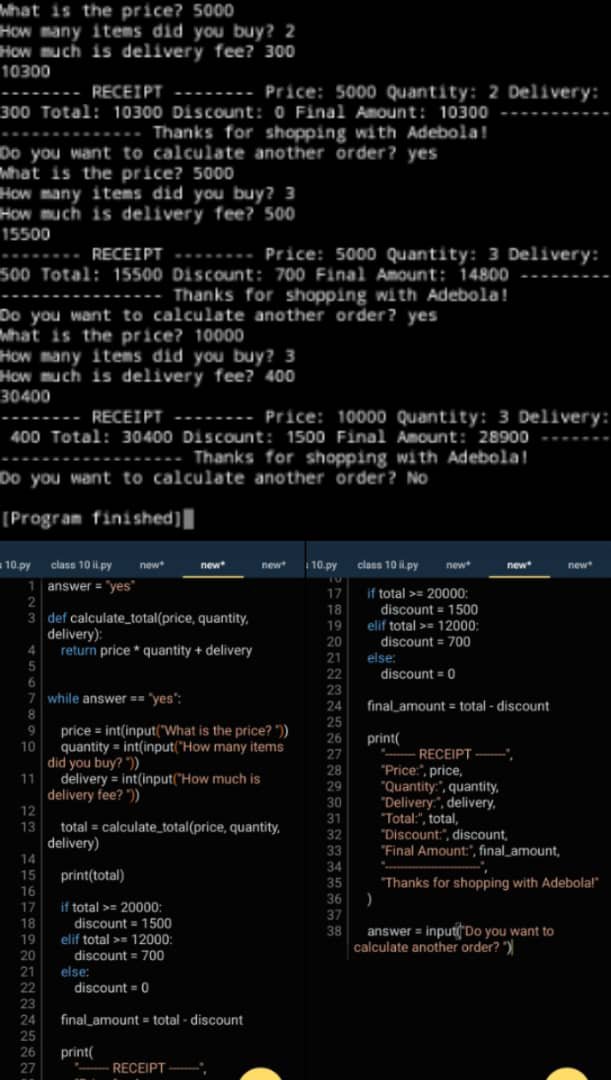 HARDEYBORLAHfr0's tweet photo. Day 10/100 🐍💻✨
Dear Python, I owe you an apology. 😭
I got distracted by cybersecurity, Forgive me .🥹
But I'm back, Today I built a mini shopping calculator that can calculate orders, apply discounts and  generate receipts.🧾 I struggled, fought with indentation 😭, debugged. https://t.co/8f4ZuLPpng