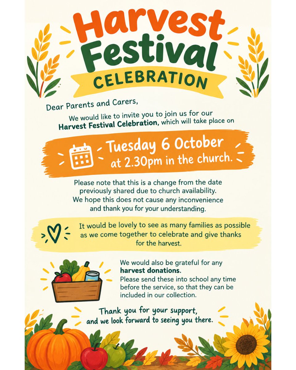 puller_memorial's tweet photo. 🍂🌾 Join us for our Harvest Festival Celebration on Tuesday 6 October at 2.30pm in the church.

We’d love to see our families there! 💛

Harvest donations are also gratefully welcomed before the service. 🍎🥕🌽

#HarvestFestival #SchoolCommunity https://t.co/GkWOiu7qqG