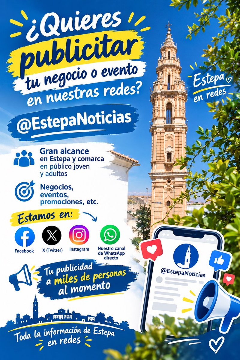 Estepanoticias's tweet photo. 📢 ¿Quieres dar a conocer tu negocio o evento?

Llega a miles de personas de Estepa y comarca con @EstepaNoticias.

📲 Negocios · Eventos · Promociones · Sorteos
📱 Facebook · Instagram · X · WhatsApp

Tu publicidad, donde está tu público.
👉 ¡Consúltanos sin compromiso! https://t.co/syuL1C2sNy