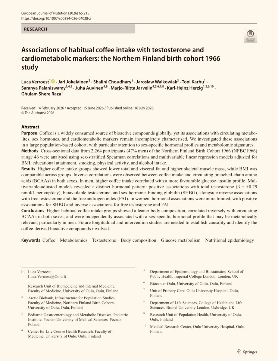 IlindelatorreMD's tweet photo. El impacto del café en la testosterona y la masa muscular. 
Cómo el consumo de café moldea las hormonas y la composición corporal. 

Estudio transversal en más de 2.000 adultos de 46 años (47% hombres)

European Journal of Nutrition

https://t.co/GmNNlj0Bz7 https://t.co/JAfUXVZDo9