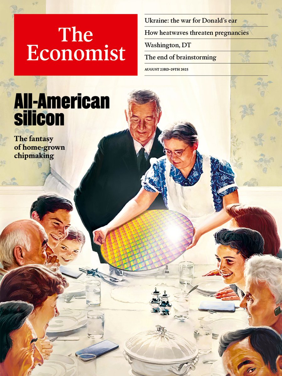 ElHiloRojoTV's tweet photo. 🚨🤖 ESTA FOTO PARECE SACADA DE UNA PORTADA DE THE ECONOMIST.

En 2025, The Economist colocó una oblea de silicio en el centro de una mesa, como el gran “plato” del futuro tecnológico.

Ahora, Trump y Xi se sientan en una mesa rodeados de Musk, Jensen Huang, Lisa Su, Tim Cook y buena parte de la élite tecnológica.