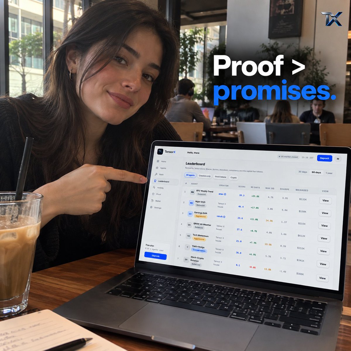 TensorX_Tech's tweet photo. “My strategy made 300%.”

Cool.

But where's the track record?

Tensor X is being built around verifiable strategies, not screenshots. 🔍

A creator's strategy can go through:

Track Record → Strategy Encoding → Backtest → Live/Paper → Verification → Marketplace

The goal:

Make it easier to understand how an agent actually performed before deciding whether to allocate capital.

Proof > promises.